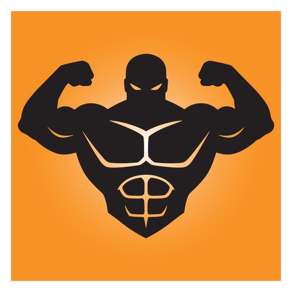 Silhouette of a muscular bodybuilder flexing on an orange gradient background vector