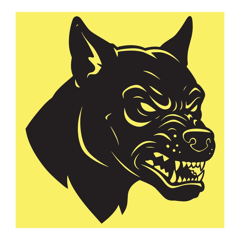 Aggressive black dog head silhouette on yellow background ideal for graphic design elements vector