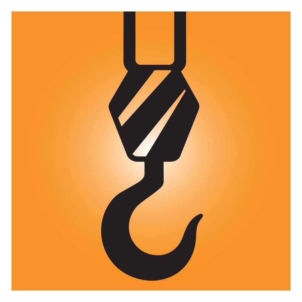 Illustrated black crane hook icon against an orange gradient background for construction vector