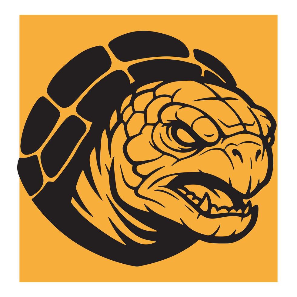 A fierce angry turtle head silhouette with black outlines and yellow background vector