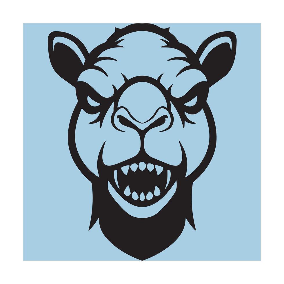 Fierce camel head illustration displaying aggression in a bold black and light blue design vector