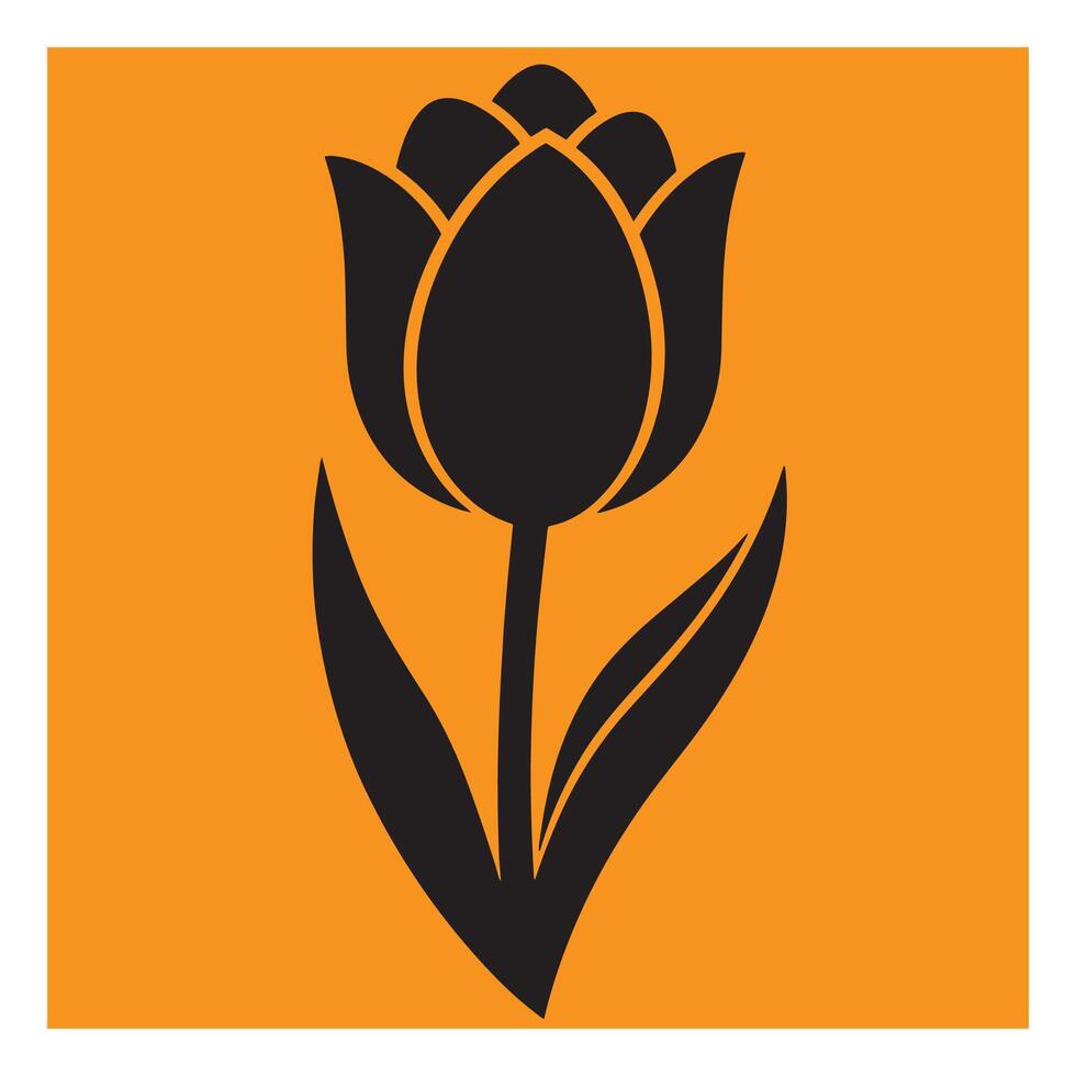 Black tulip flower silhouette with stem and leaves on a vibrant orange background vector