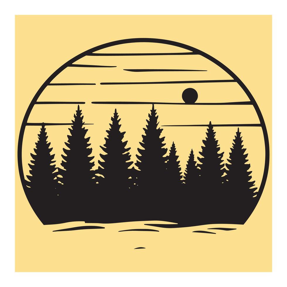 Silhouette of a forest within a circle at sunset or sunrise with stylized elements vector