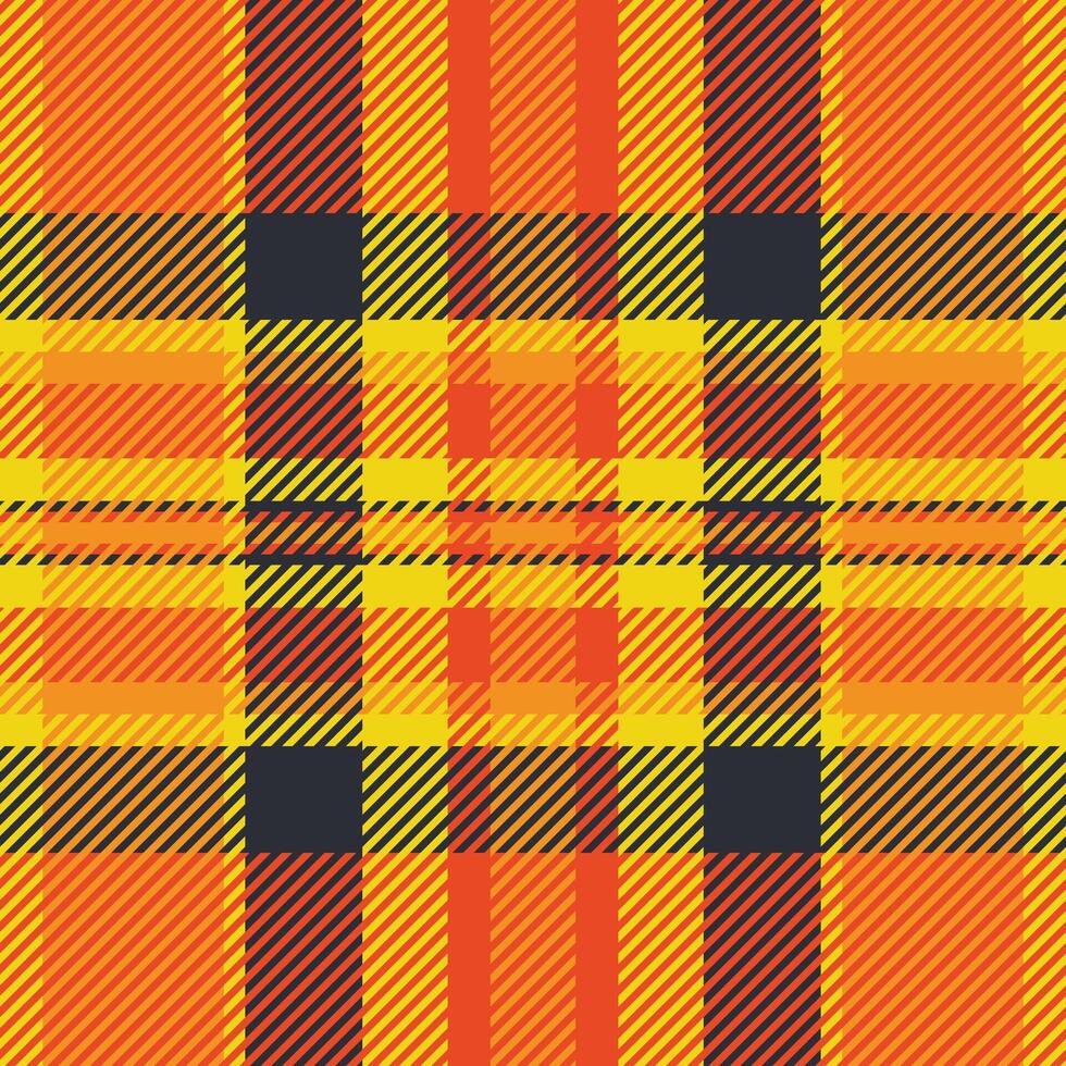 Vibrant autumnal plaid pattern. Warm orange and yellow hues intersect with dark accents, creating a textured, energetic design perfect for fallthemed projects, apparel, or website backgrounds. vector