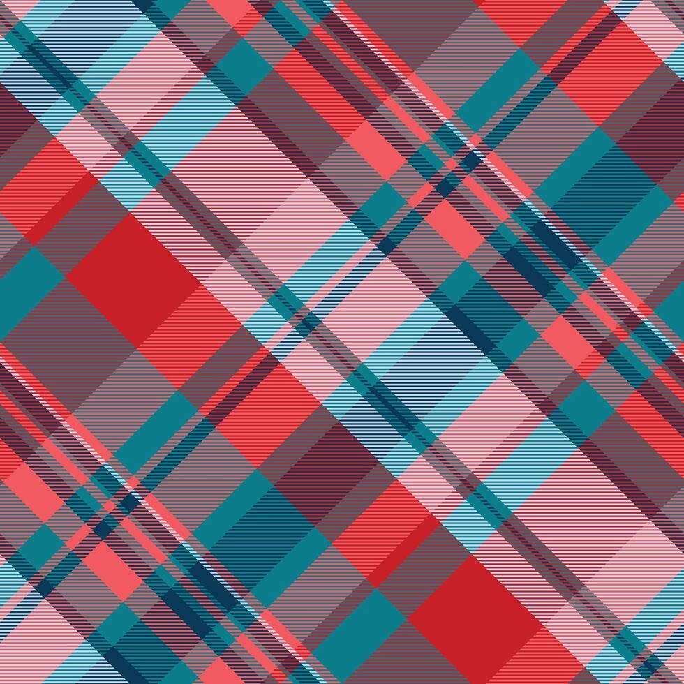 Idyllic check tartan pattern, tweed plaid textile. Simplicity fabric seamless texture background in red and cyan colors. vector