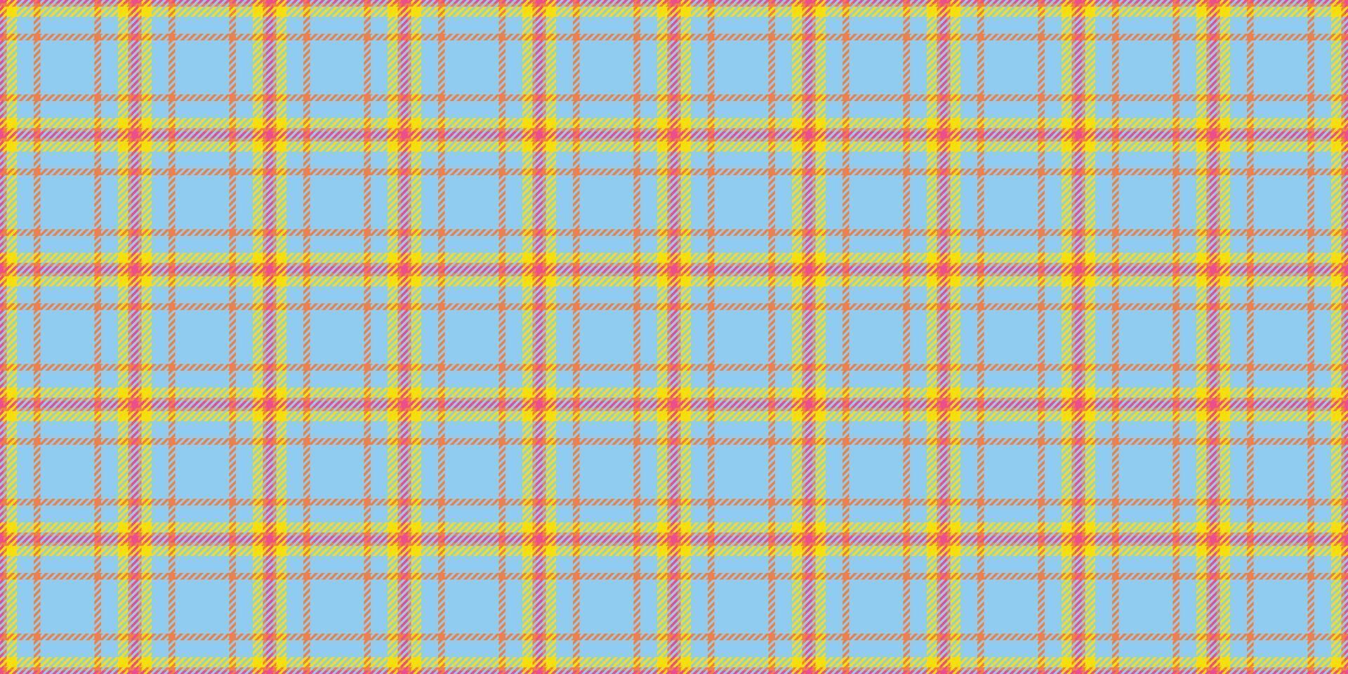 Vibrant pastel plaid pattern in cheerful yellow, coral, and sky blue. Perfect for textile design, website backgrounds, or playful branding. This seamless texture evokes feelings of joy and summer. vector