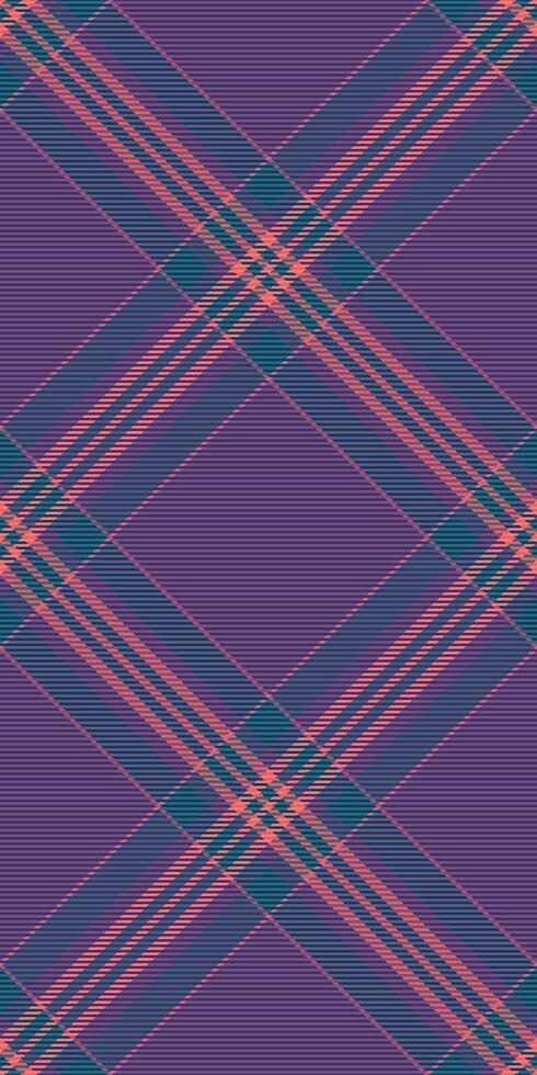 1970s check plaid, free textile background texture. Manufacturing seamless tartan fabric pattern in violet and cyan colors. vector