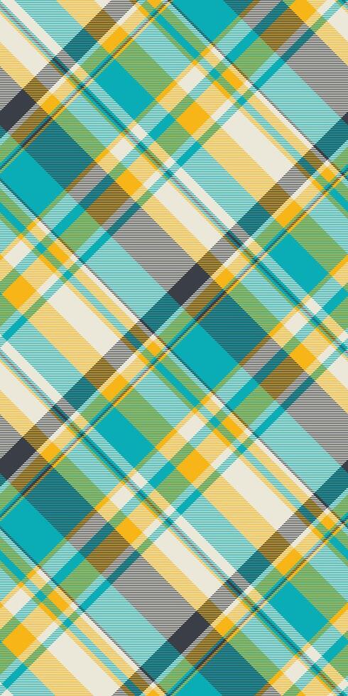Vibrant diagonal plaid pattern in teal, yellow, and gray. Perfect for textile design, website backgrounds, or fashion illustrations. vector