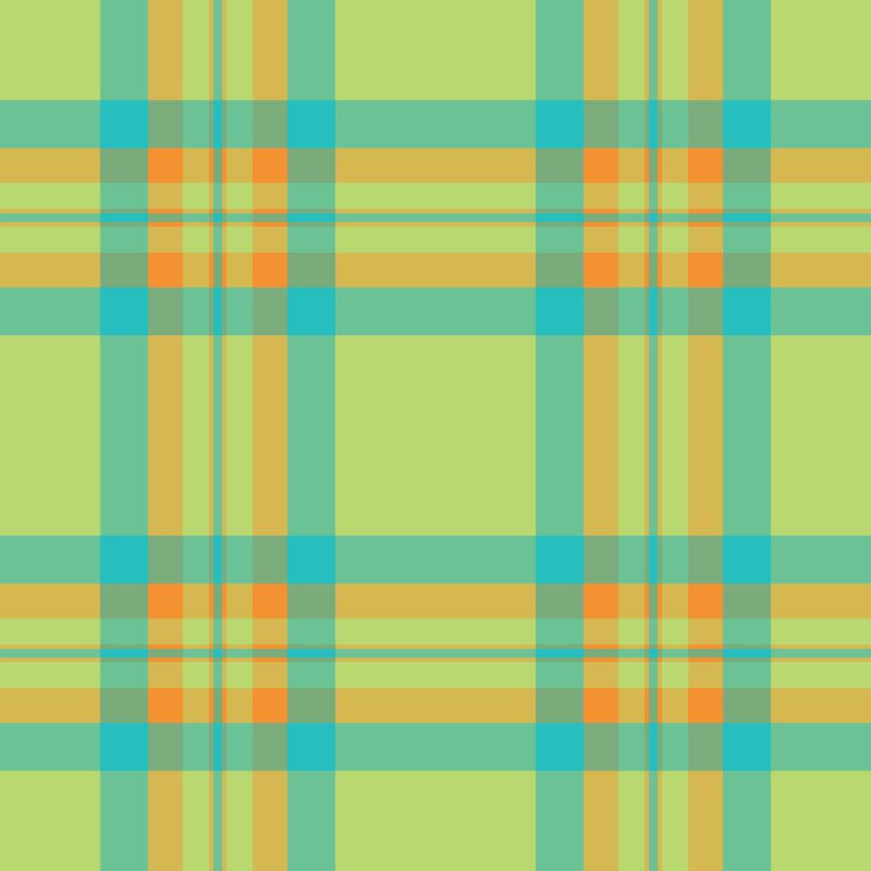 Vibrant, playful plaid pattern in lime, teal, and orange. Classic tartan design with a modern color palette. Perfect for textiles, backgrounds, or graphic design. vector