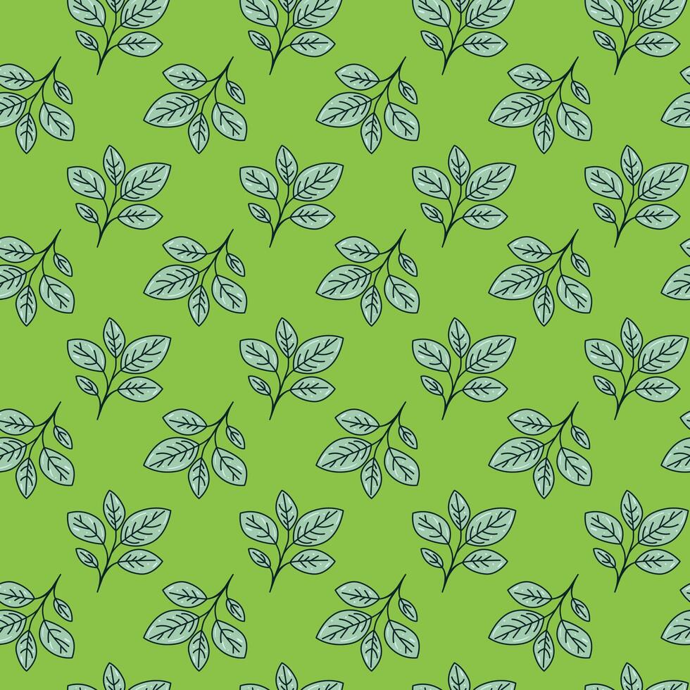 Seamless pattern of stylized leaves on a vibrant green background. Perfect for textile design, wallpaper, or digital projects. Evokes feelings of nature, freshness, and growth. vector