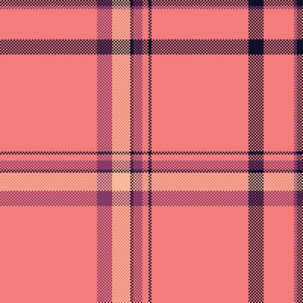 Retro pixel plaid pattern. Seamless tartan design with vibrant coral and purple hues. Ideal for backgrounds, textiles, and vintage themed projects. vector