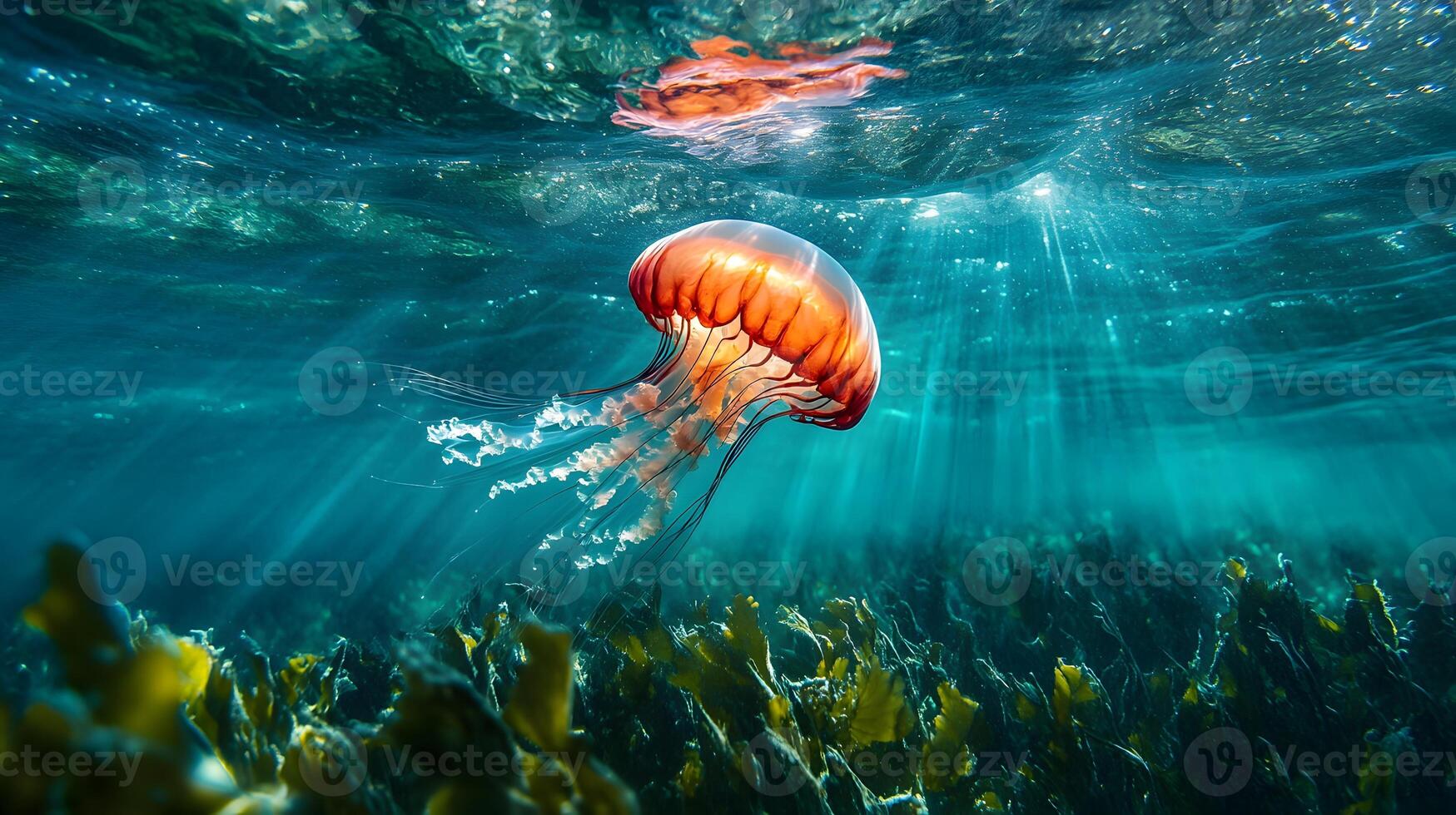 A jellyfish floats in the ocean with sunlight shining through the water photo