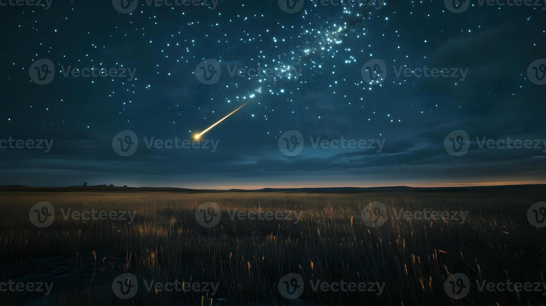 A shooting star is seen in the sky over a field photo