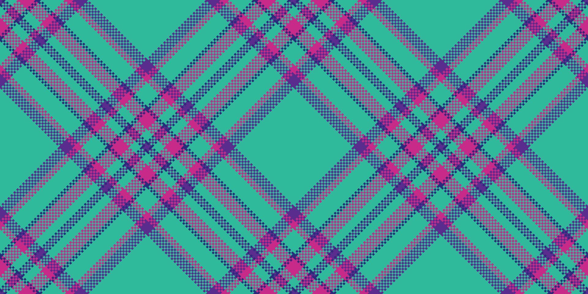 Vibrant pixelated plaid pattern with intersecting lines in teal, purple, and pink. Ideal for backgrounds, textiles, or graphic design projects requiring a retro or modern touch. vector