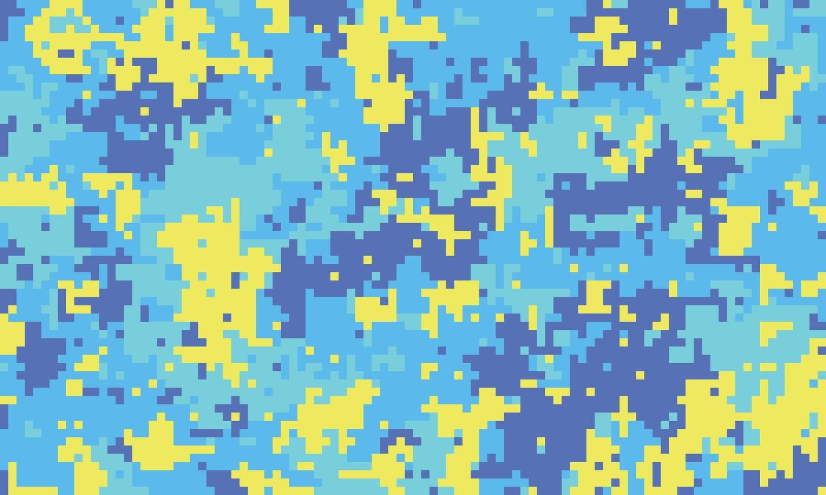 Abstract pixelated camouflage pattern in vibrant blue and yellow hues. Perfect for backgrounds, textiles, digital art, and modern design projects. vector