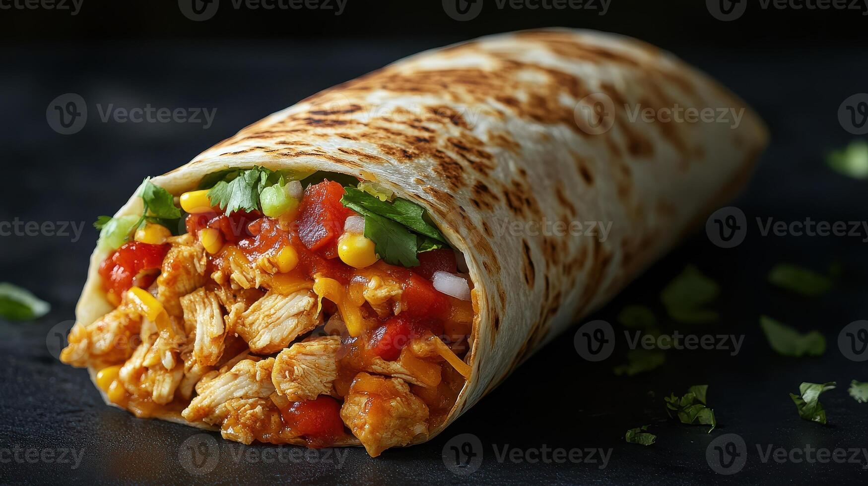 Deliciously Loaded Chicken Burrito on a Deep Navy Blue Background Perfect for Restaurant Menus or Food Blogs photo