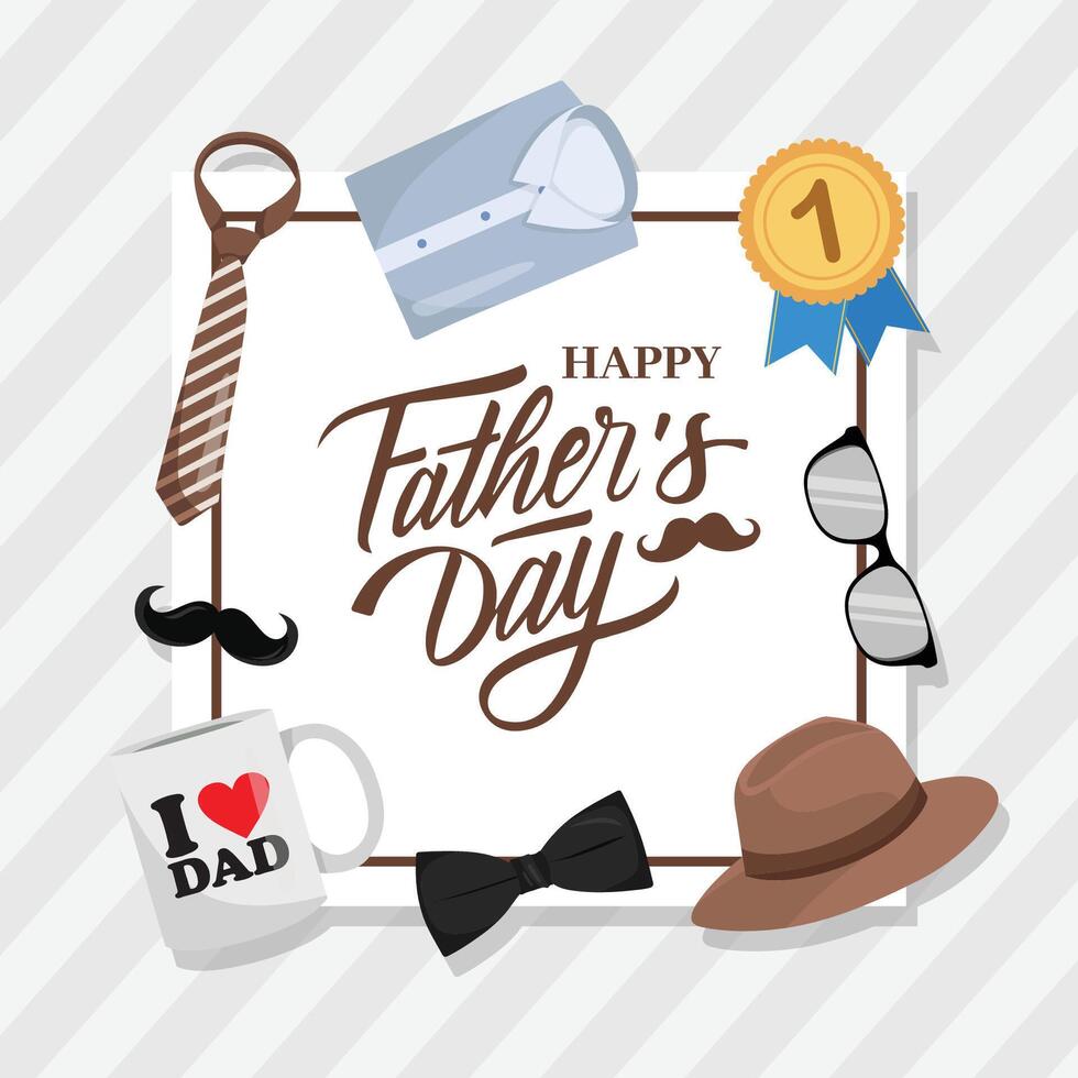 Fathers Day frame greeting card male accesories elements Social Media post vector