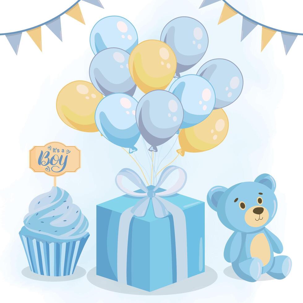 Cute blue new born greeting card Its a boy Baby announcement vector