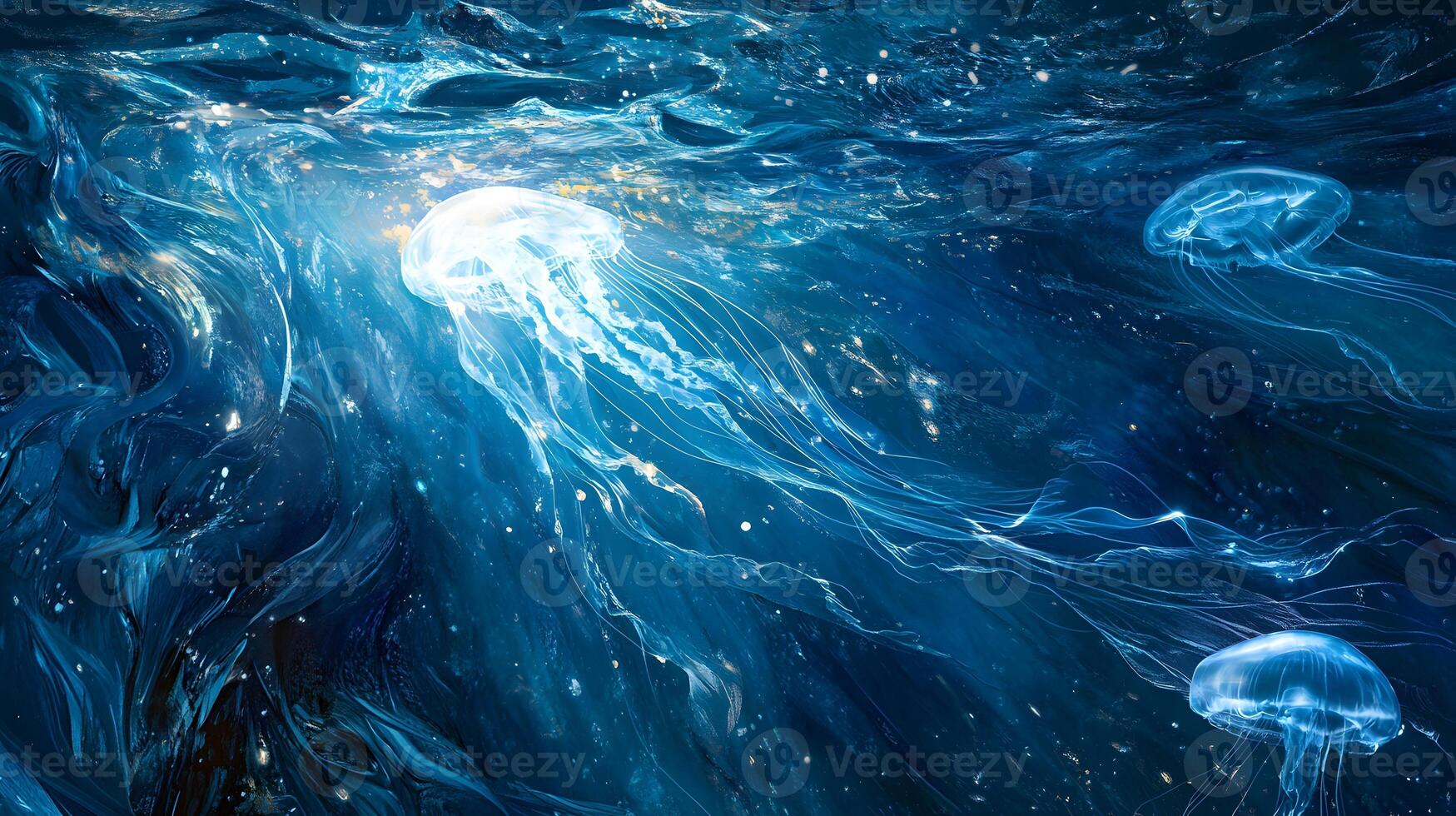 Jellyfish in the ocean, blue water, light, water, light, water, light photo