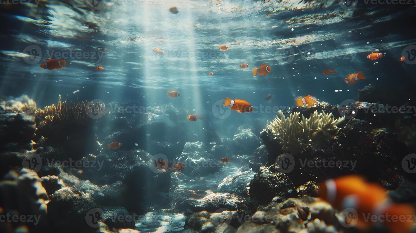 Underwater scene with coral reef and fish photo