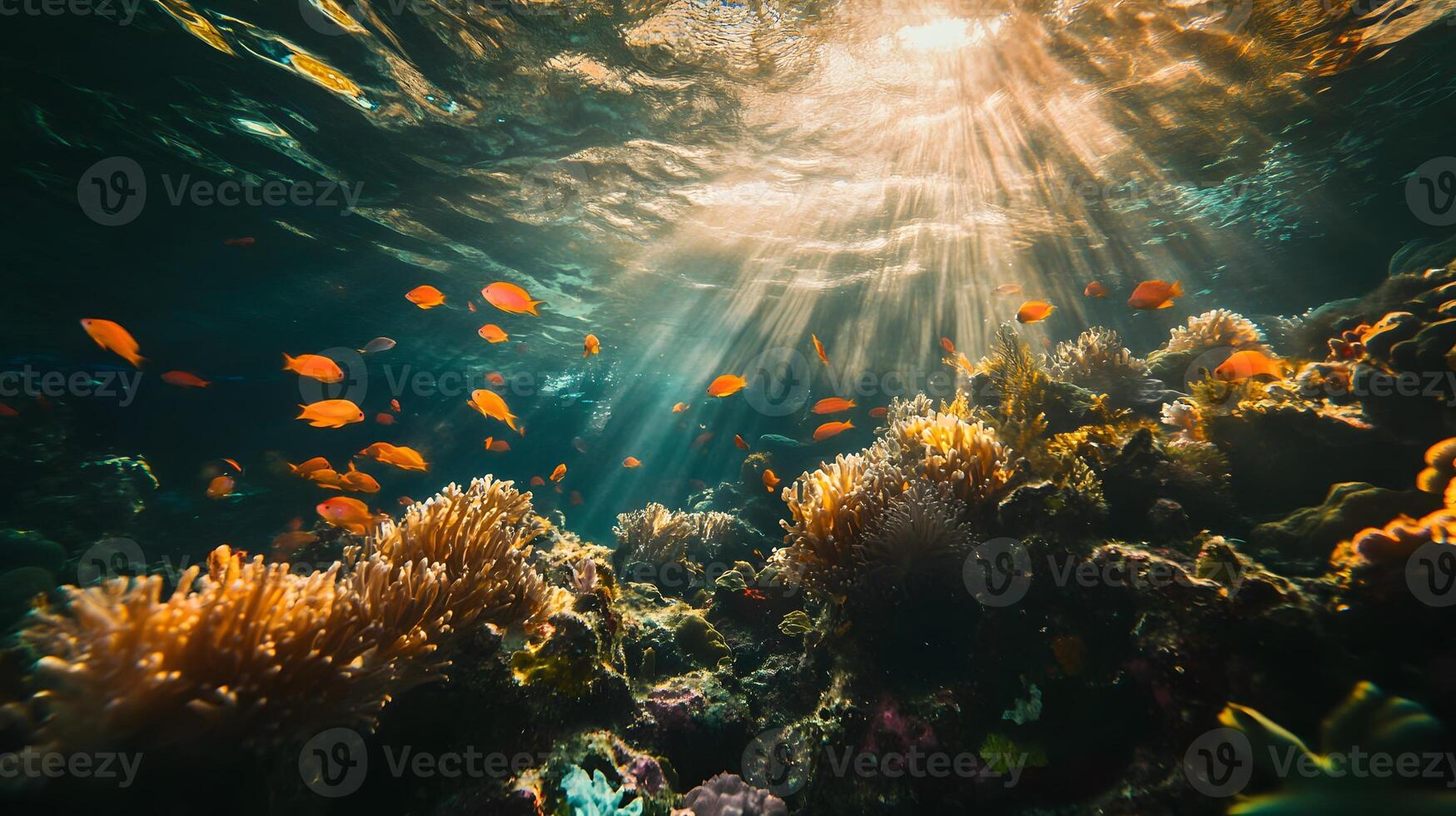 Underwater scene with sunbeams shining through coral reef photo