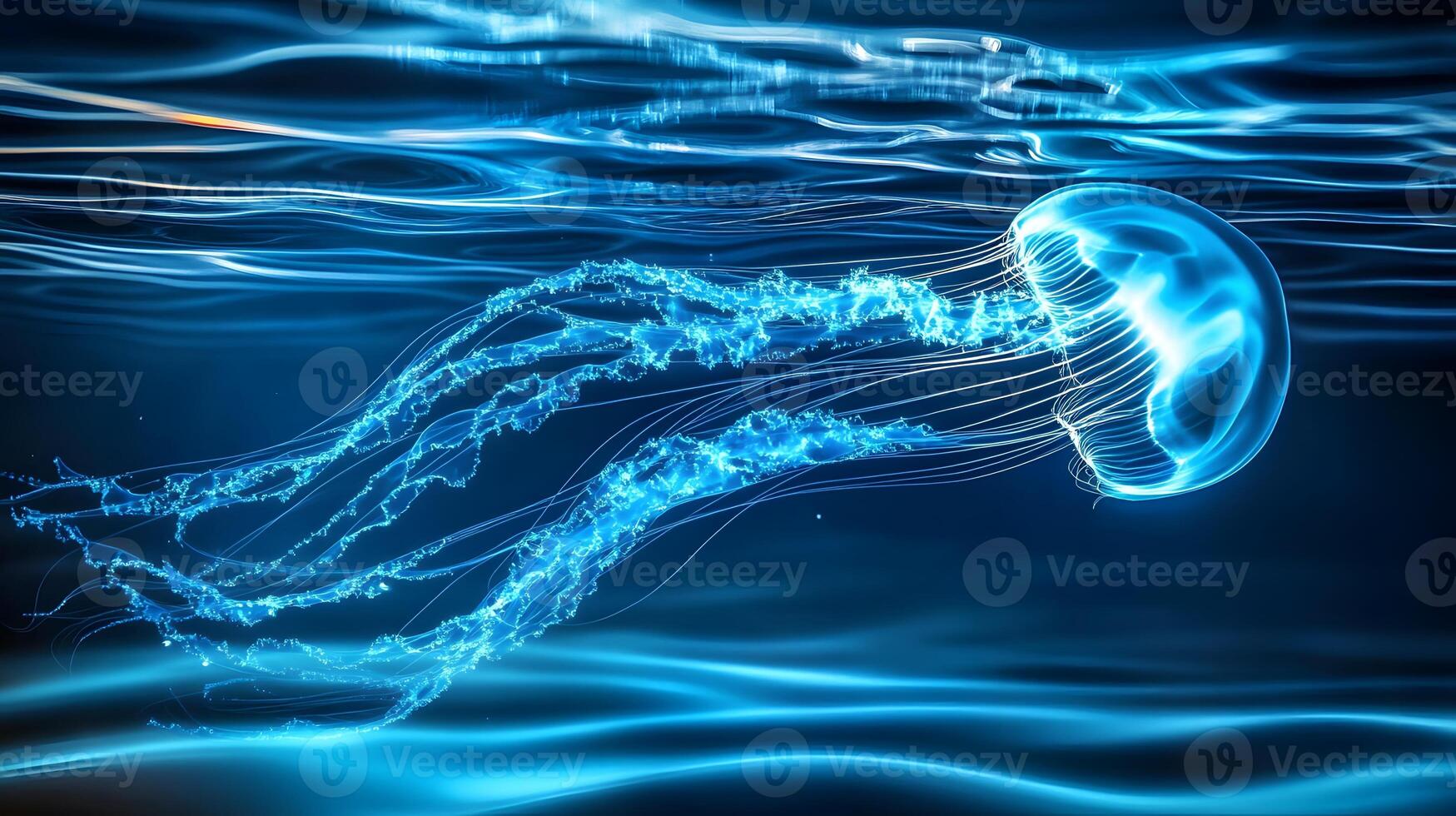 Jellyfish in the ocean with glowing blue light photo