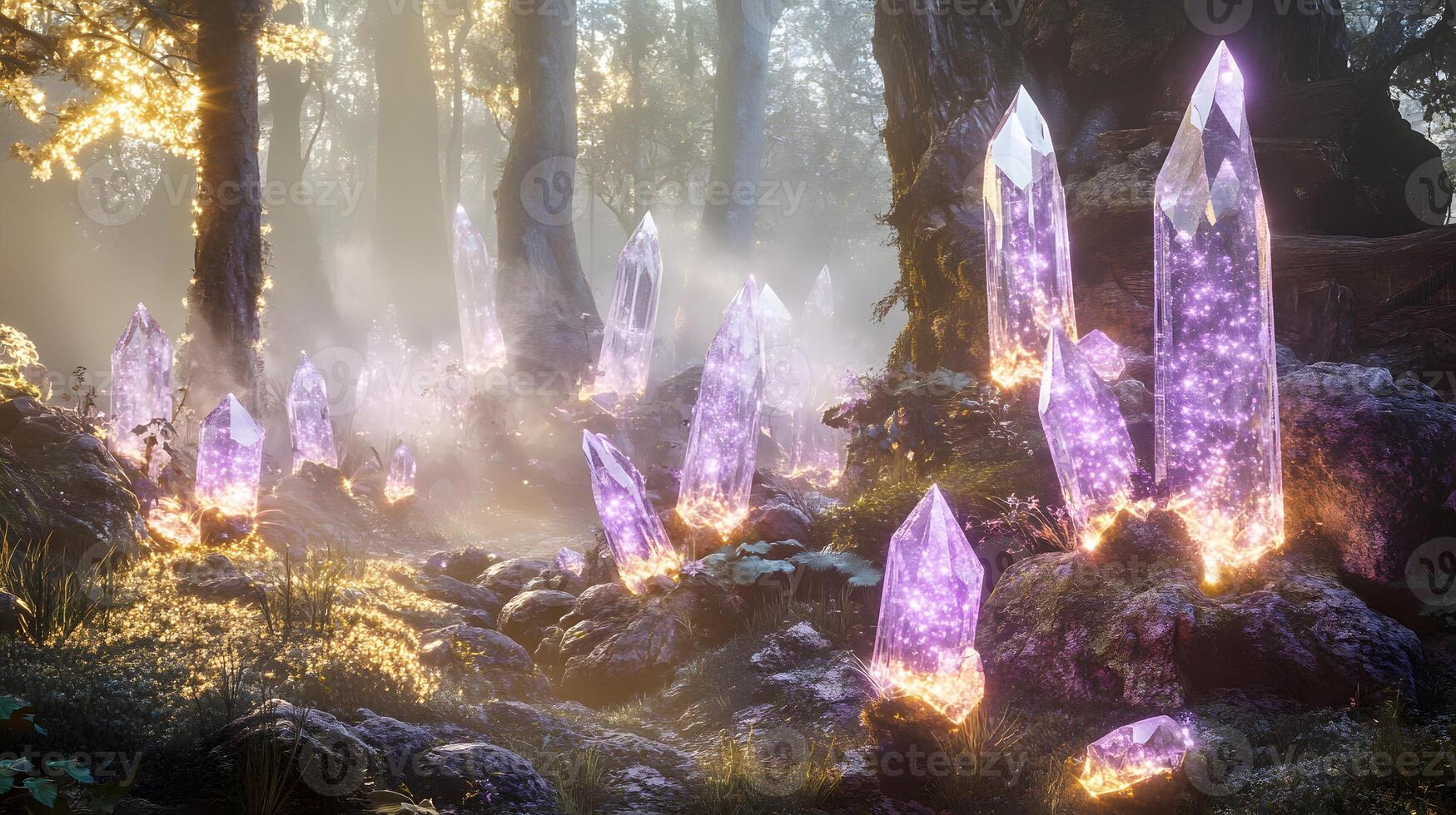 A forest with many purple crystals photo
