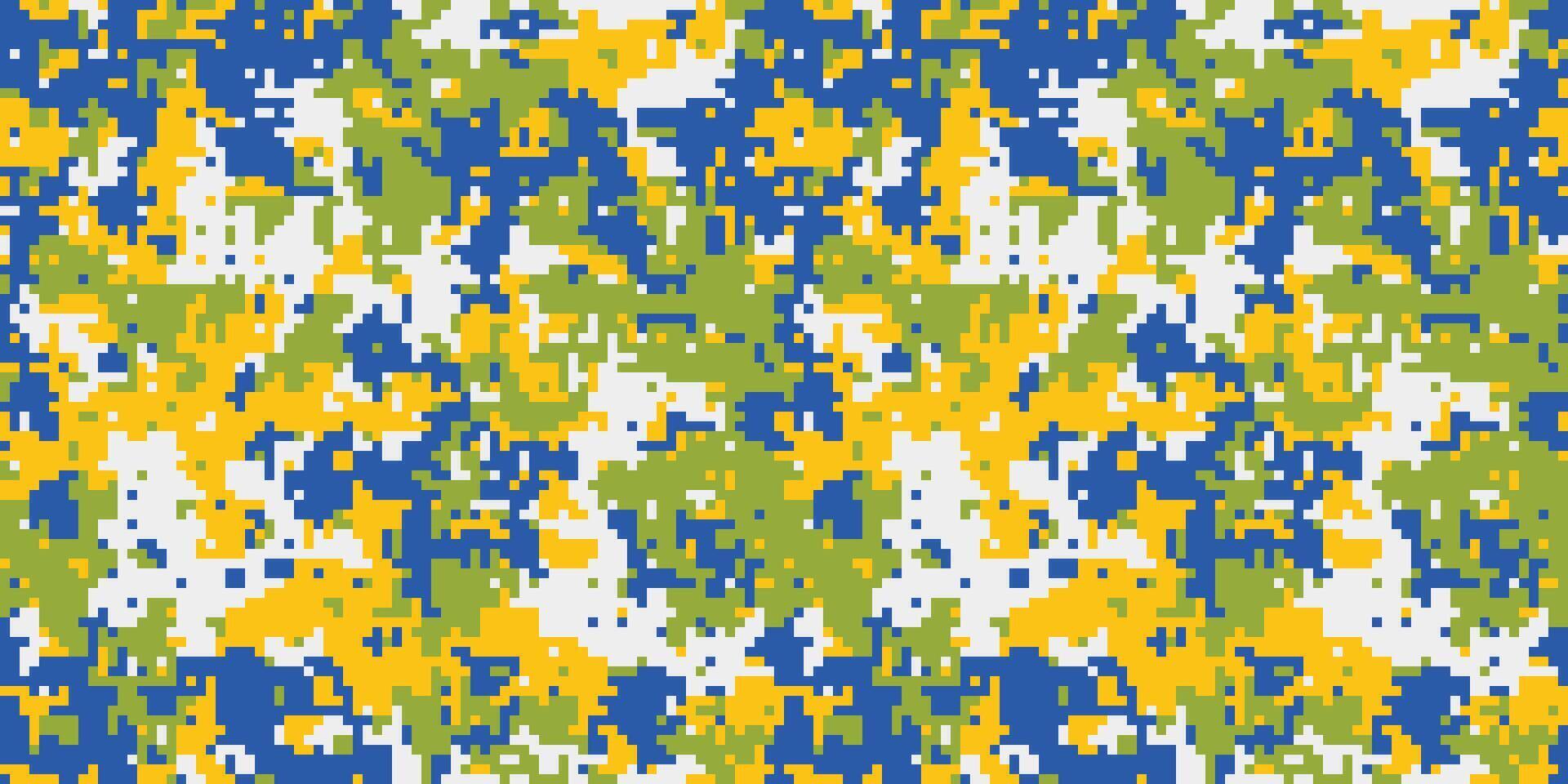 Abstract pixelated camouflage pattern in yellow, green, blue, and white. Ideal for fashion, textile design, and digital backgrounds. vector