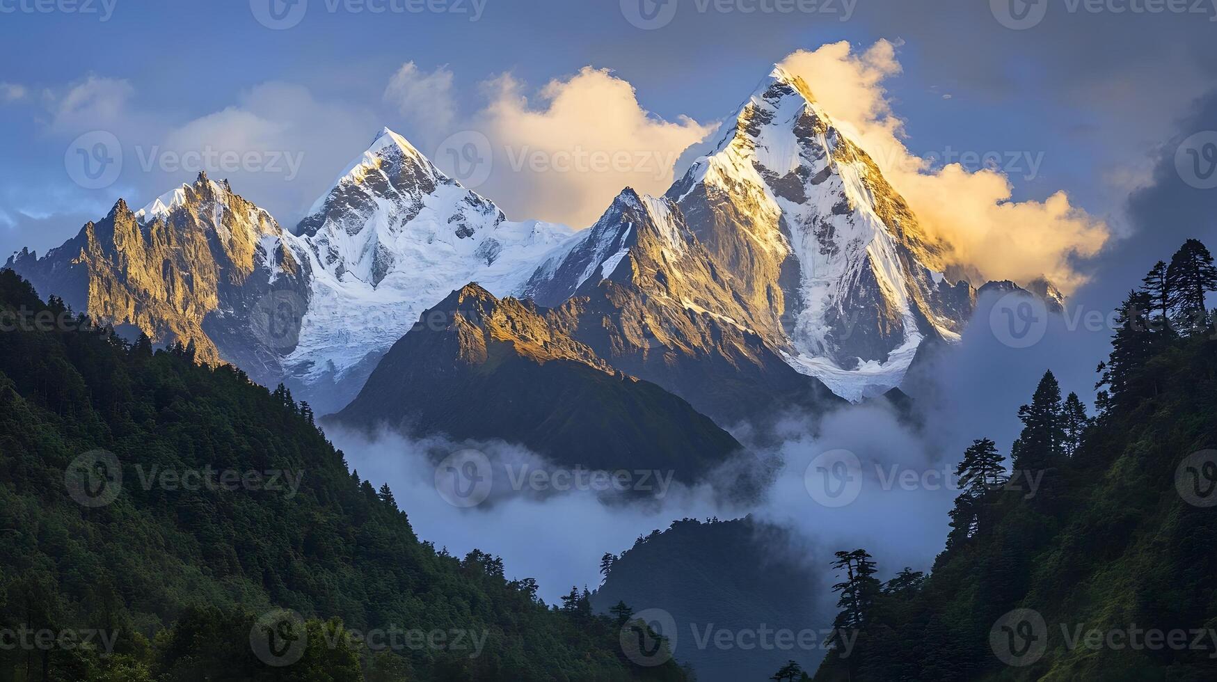 The mountains are covered with clouds and trees photo