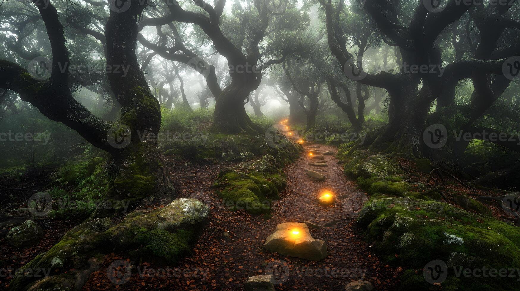 A path through the woods with lit candles photo
