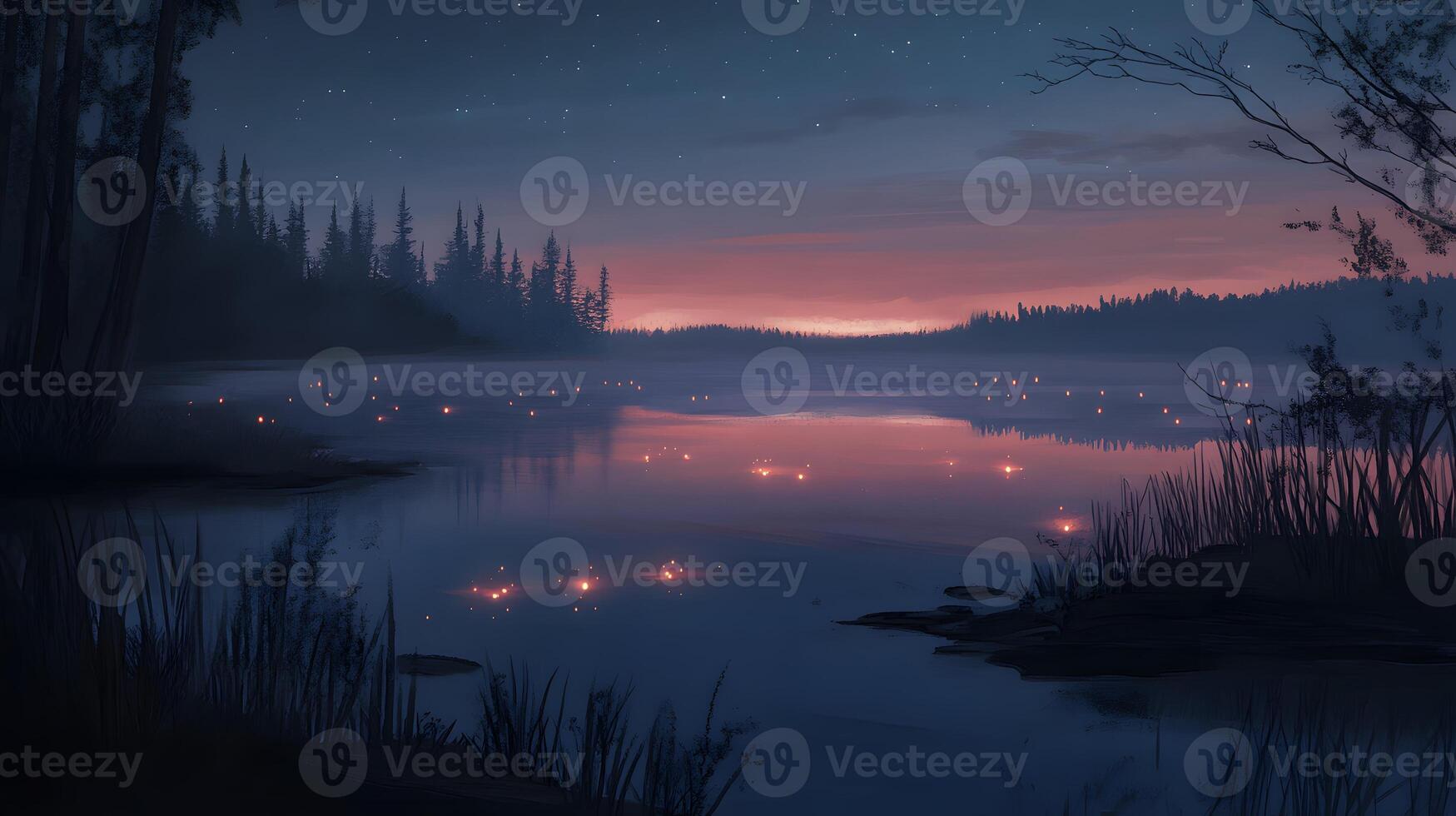 A painting of a lake at night with fireflies photo