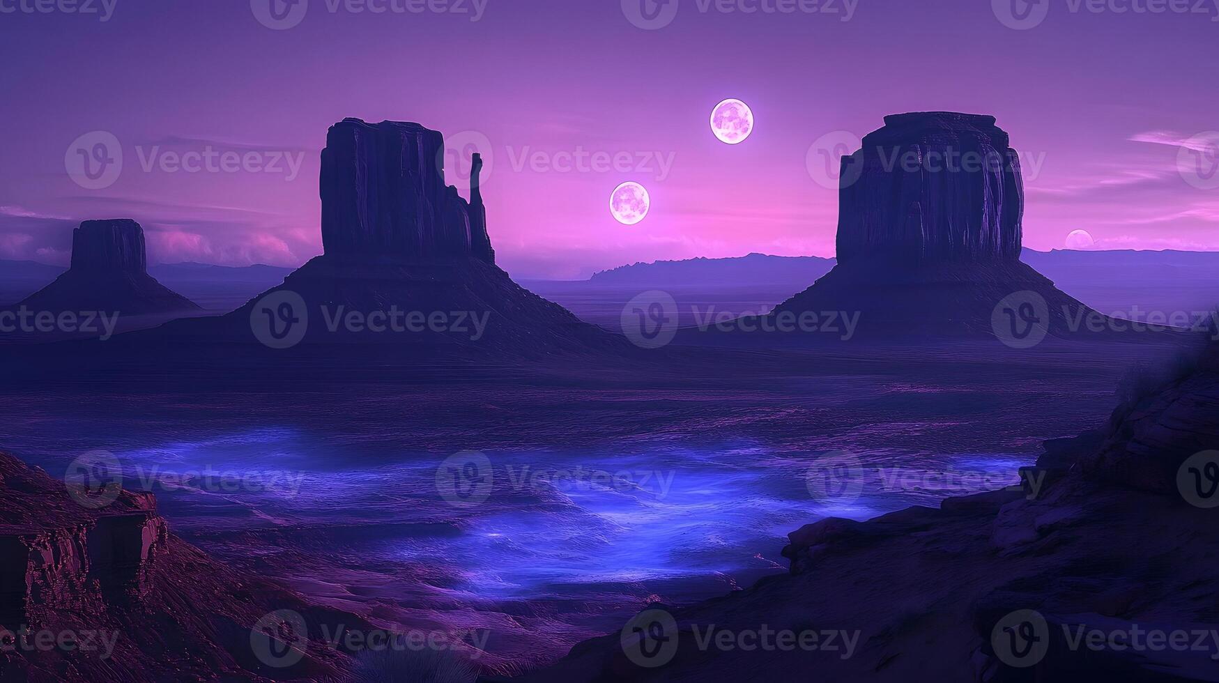 A purple landscape with two large rock formations photo