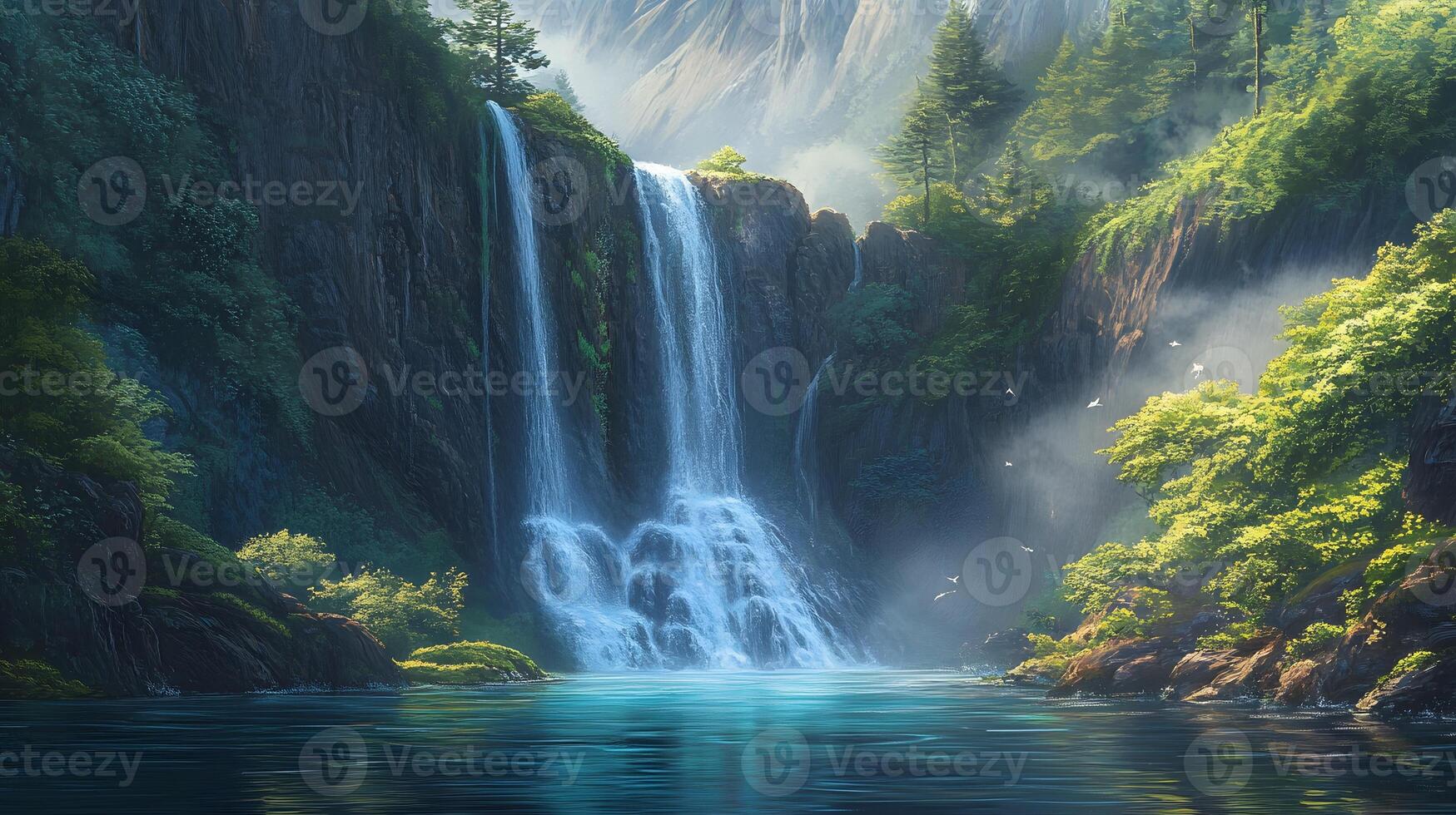 A waterfall in the middle of a forest photo