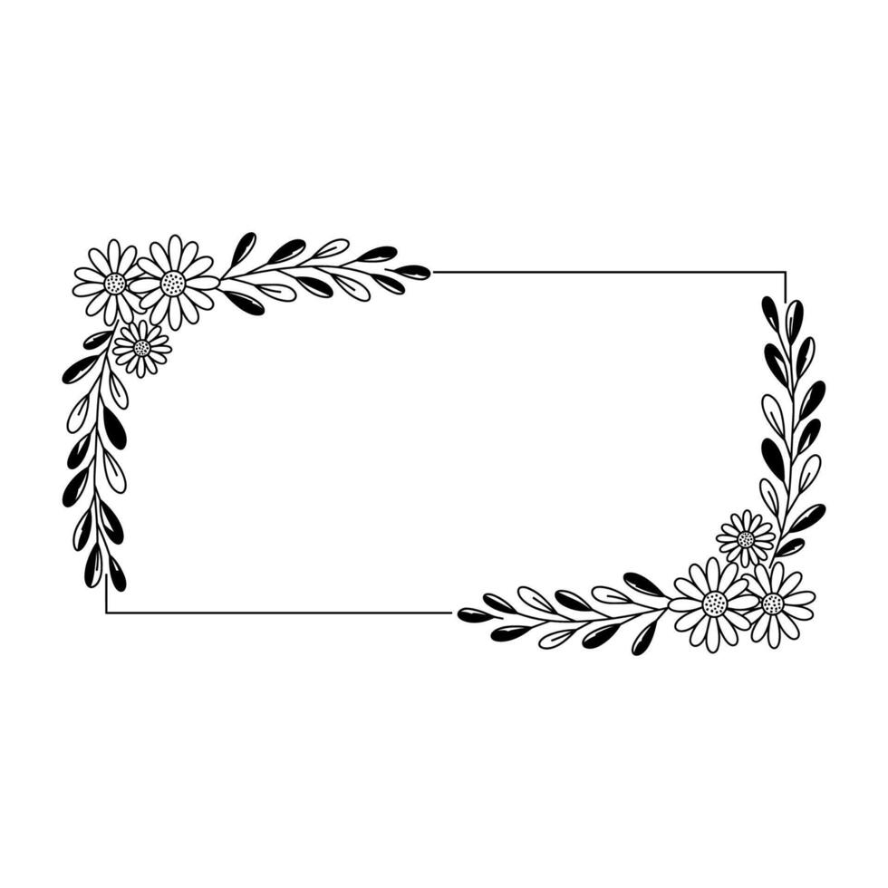 Black and white floral square frame with simple daisy flowers and soft leafy branches vector