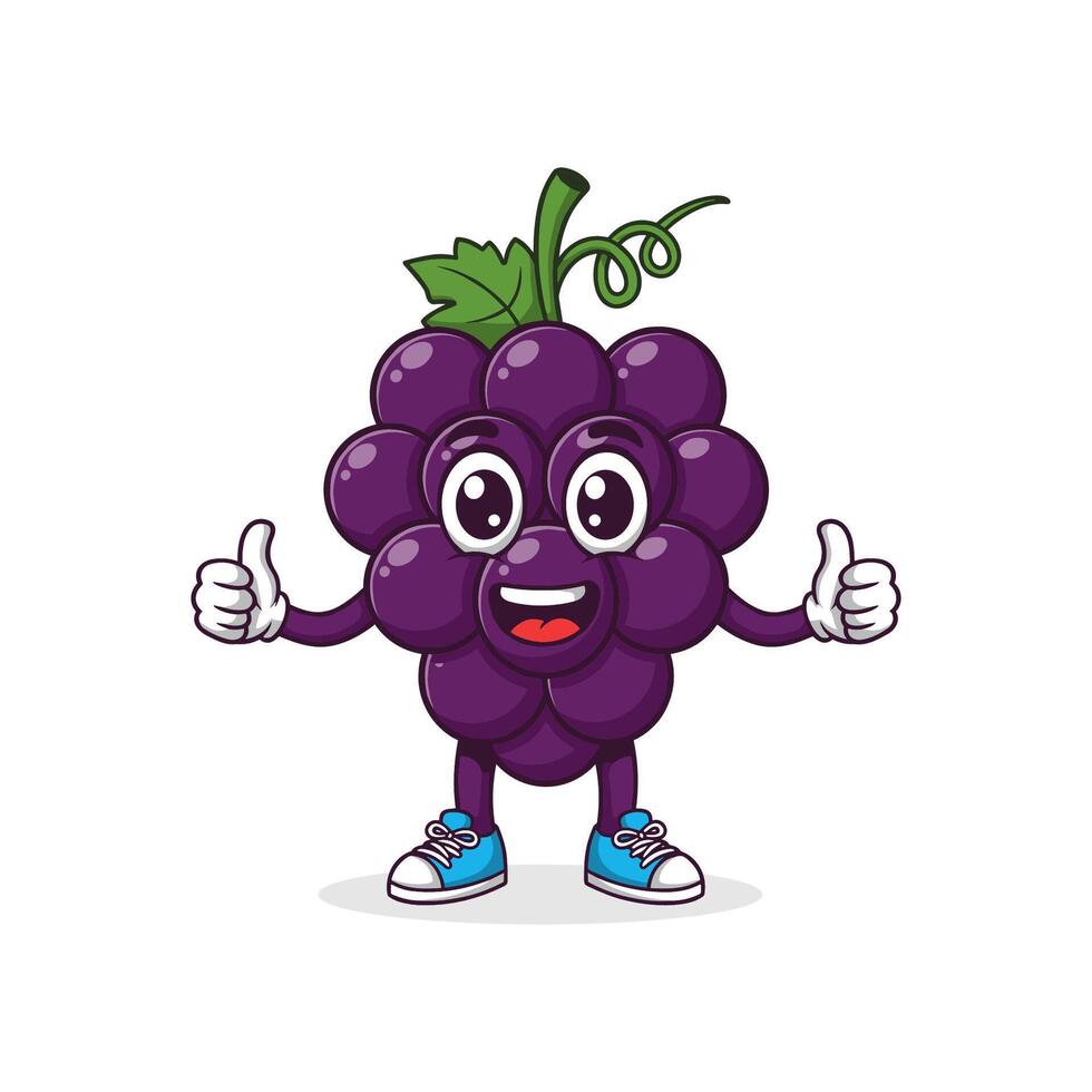 Grape cartoon character with big eyes, arms, and sneakers, smiling on white background vector