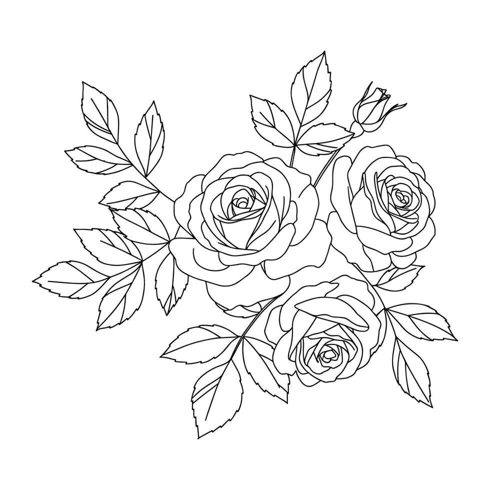 Minimalistic rose flowers, buds, leaves and branches in line style vector