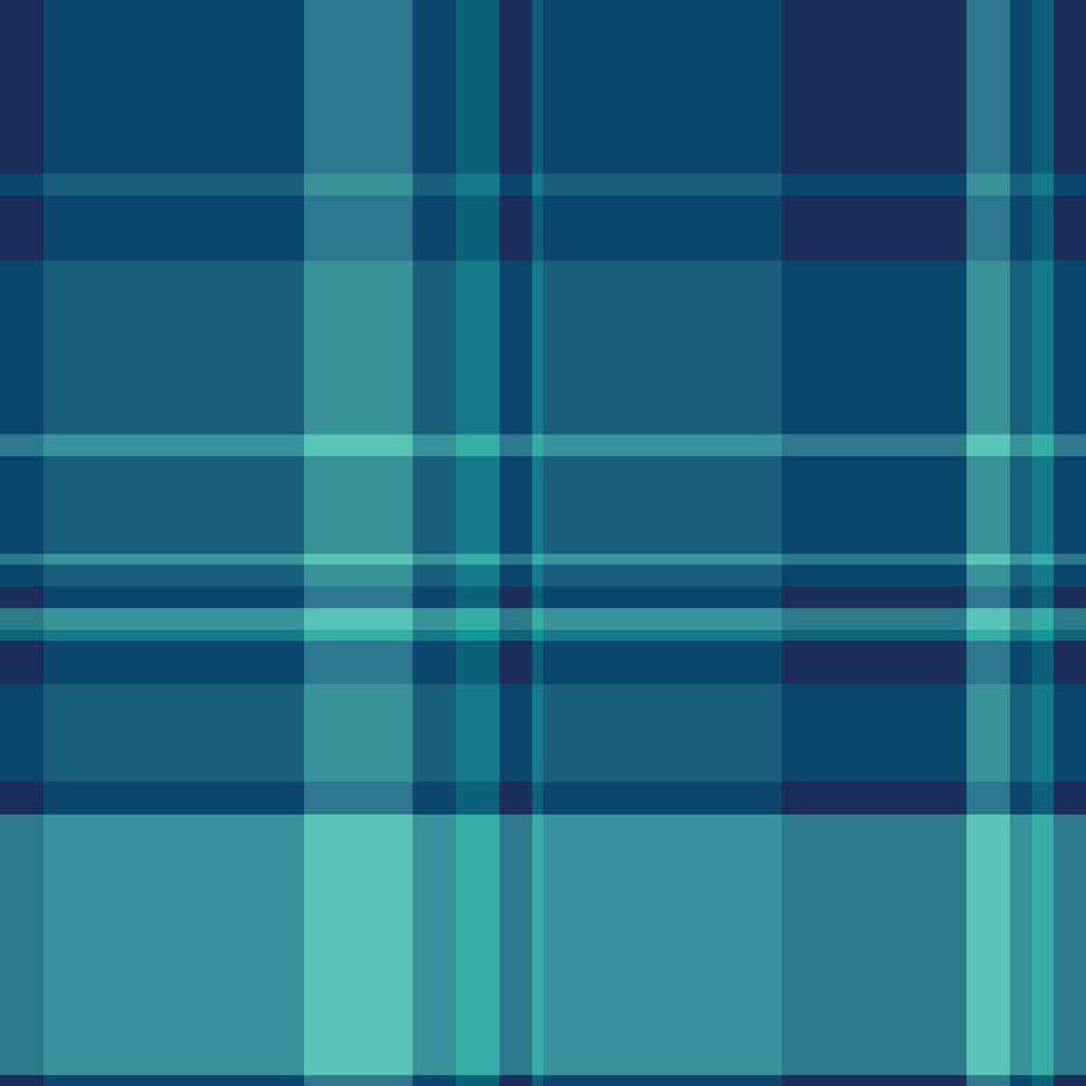 Seventies plaid tartan seamless, lady fabric texture background. Packing textile check pattern in cyan and blue colors. vector