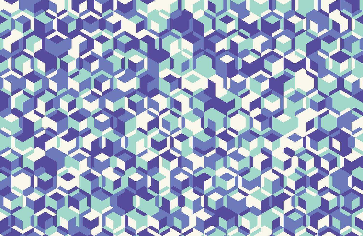 Abstract geometric seamless pattern. Vibrant teal, purple, and white cubes create a dynamic, modern design. vector