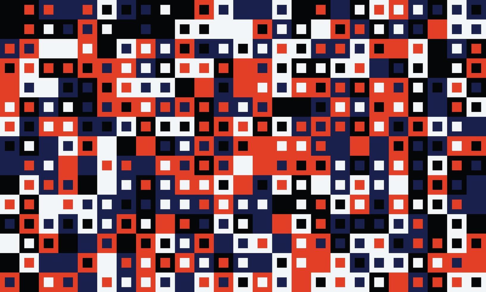 Abstract geometric pattern of red, white, black, and blue squares. A vibrant, modern design ideal for backgrounds, textiles, or tech presentations. vector