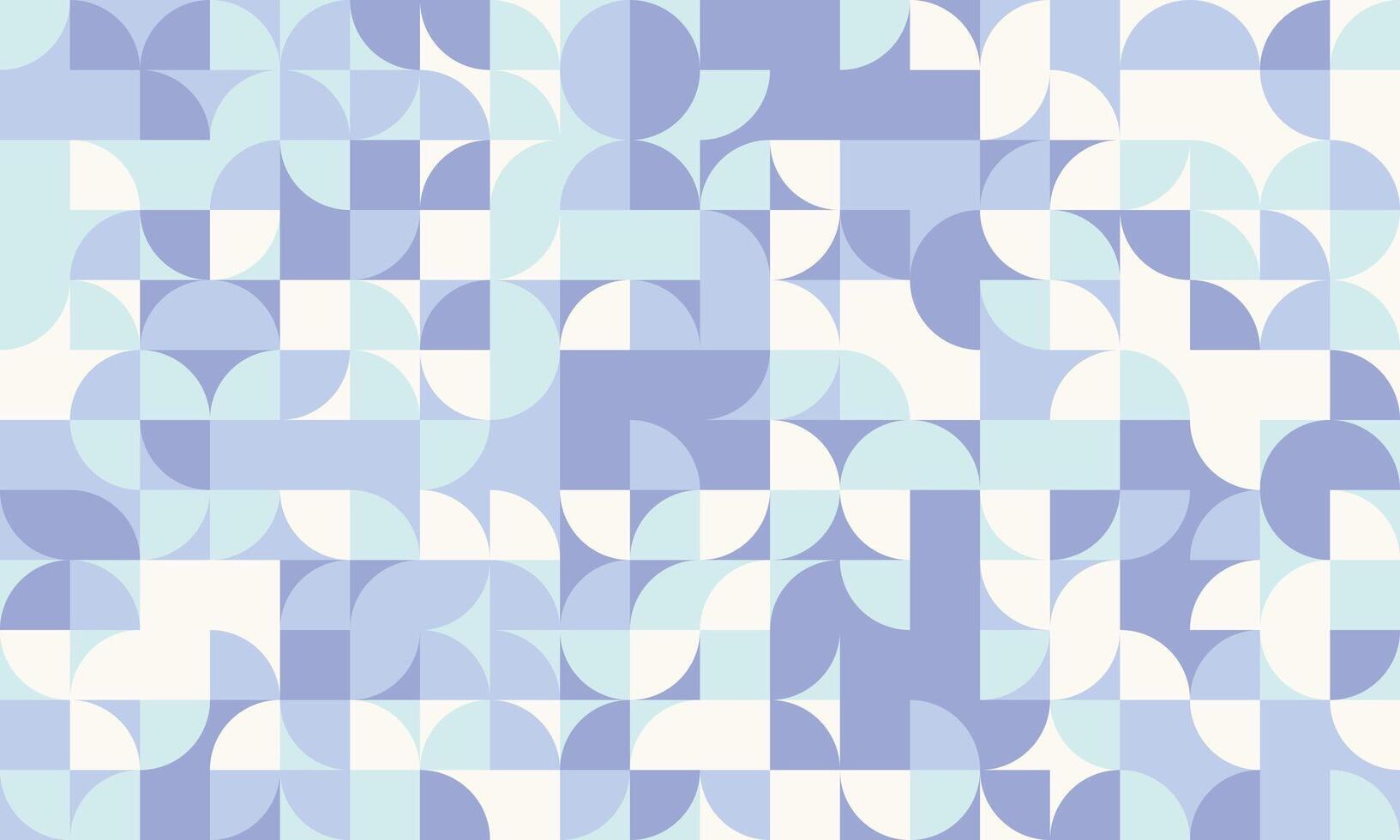 Abstract geometric background featuring a seamless pastel pattern of circles, semicircles, and squares in shades of blue and white. vector