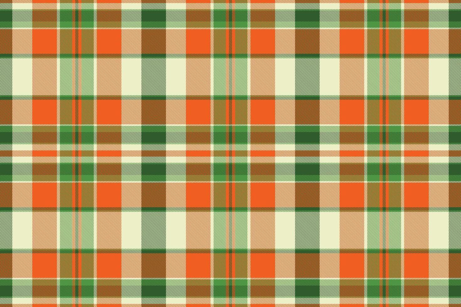 Vibrant autumnal plaid pattern in orange, green, and cream. Perfect for fallthemed designs, textiles, or website backgrounds. vector