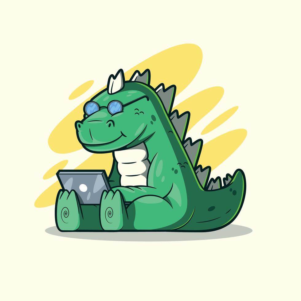 Techasaurus Rex, Dino Monster Working on a laptop. vector