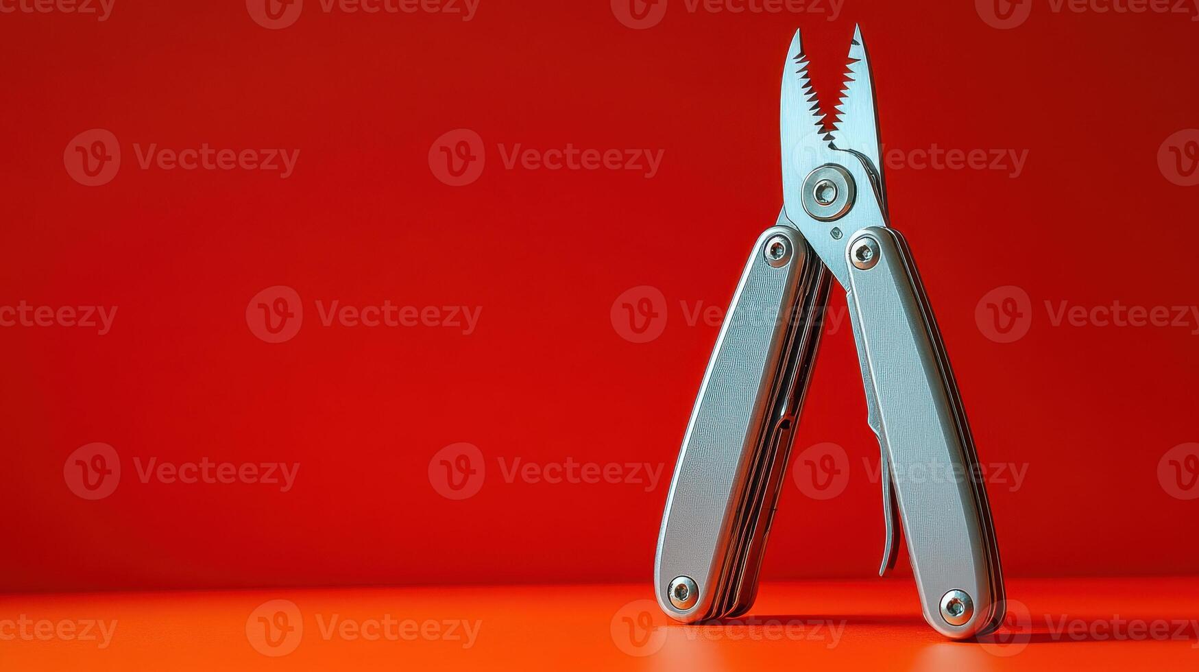 Multi-Functional Silver Tool on Vibrant Red Background for DIY and Outdoor Projects photo