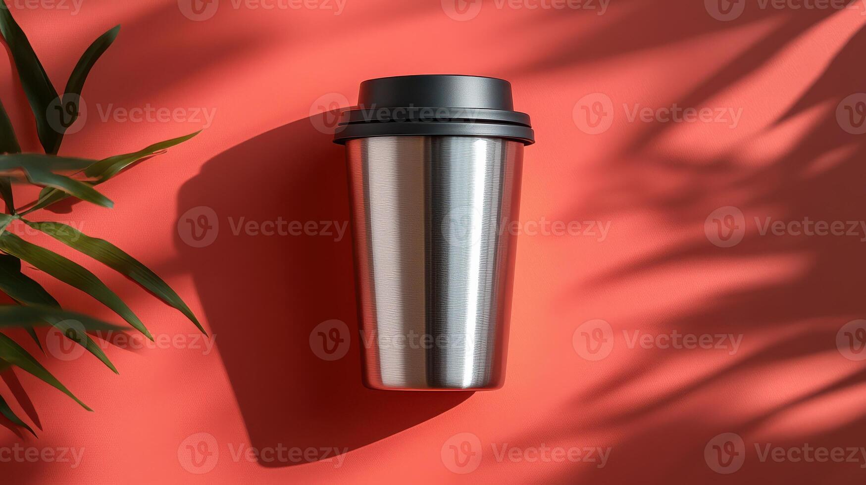 Beautiful Silver Travel Coffee Mug on Coral Background Perfect for Advertisements and Social Media Posts photo