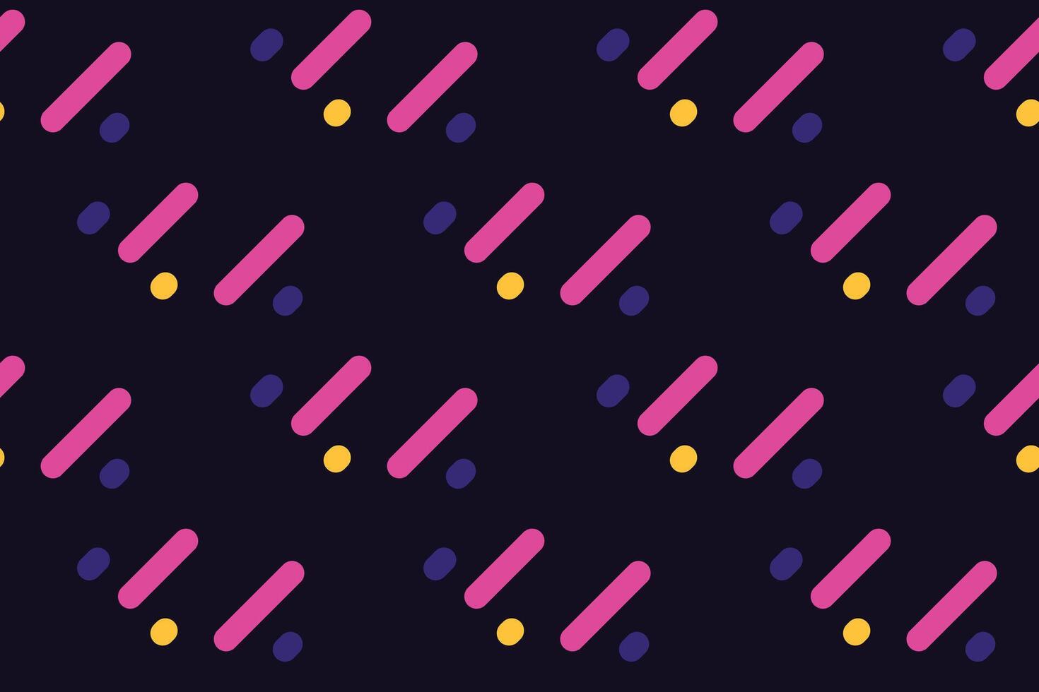 Vibrant geometric pattern featuring pink and purple diagonal lines, punctuated by yellow and purple dots on a dark background. vector