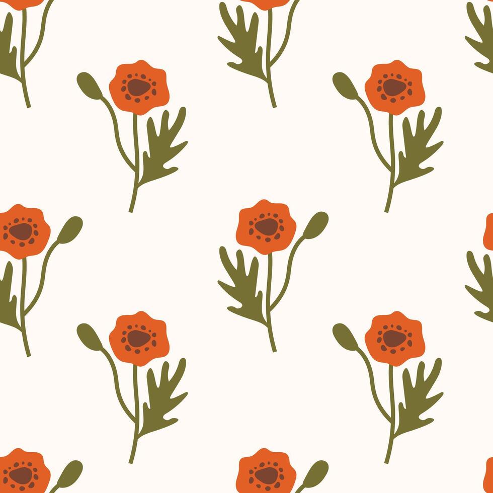 Hand drawn Poppy with Leaves Seamless Pattern vector