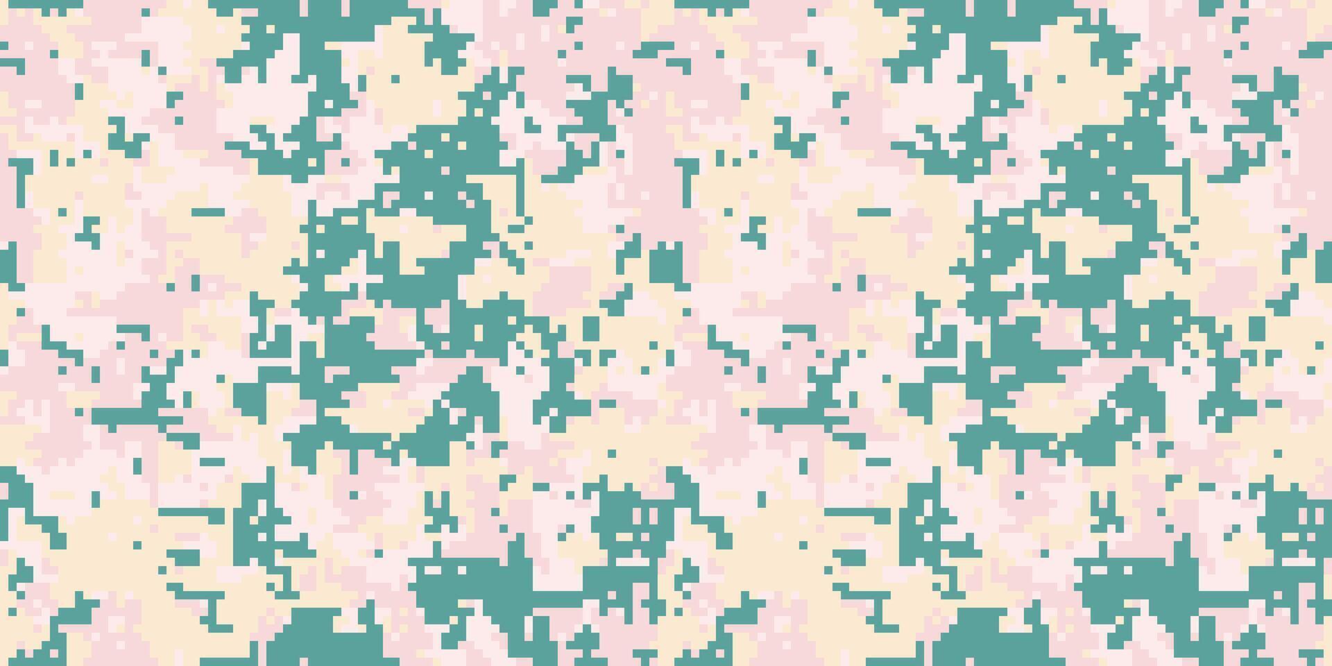 Abstract pixelated camouflage pattern in pastel pink, beige, and teal. Perfect for fashion, textile design, or digital backgrounds. Evokes a sense of modern, understated style and subtle concealment. vector
