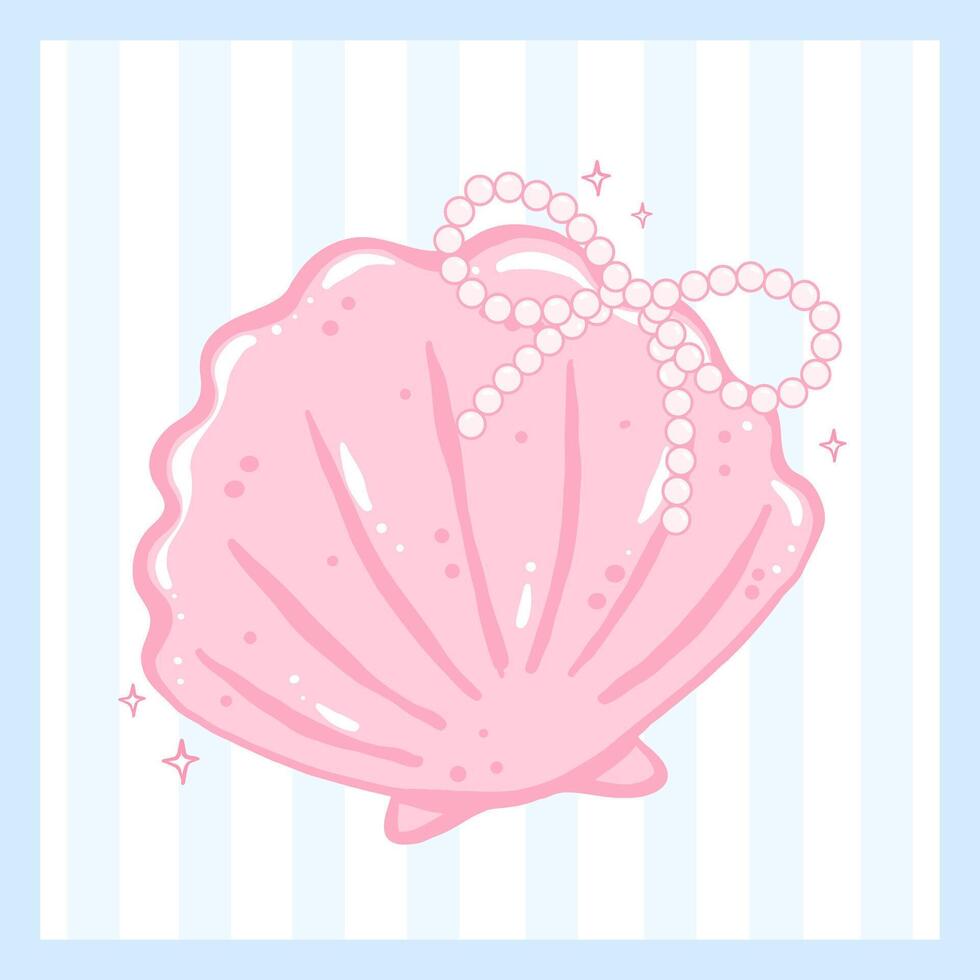 Coquette Seashell with pearl bow in pink pastel hand drawn doodle Summer aesthetic for cute girly printable wall art and summer card design vector