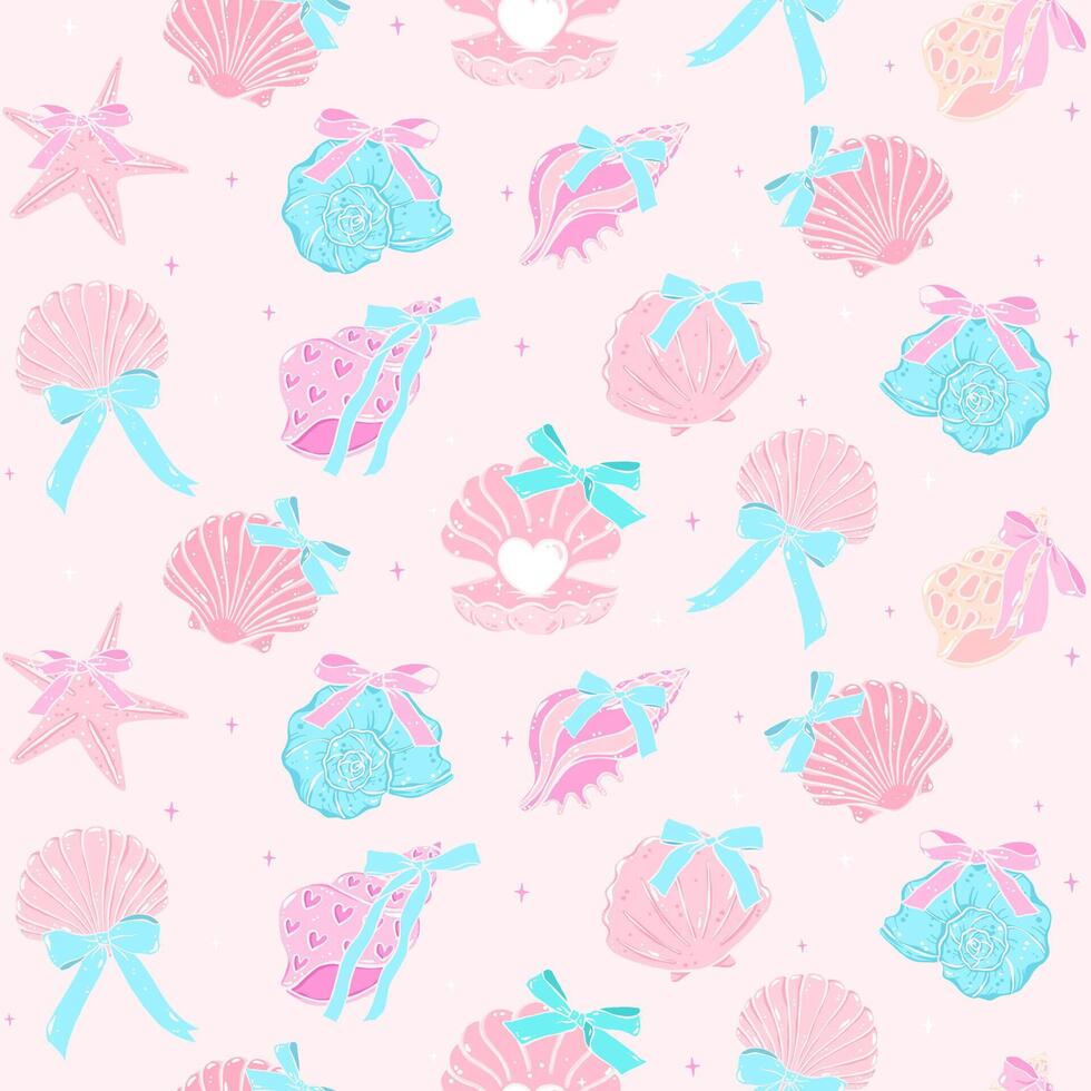 Retro coquette Summer seamless pattern seashells with bow in pastel beach vibe for cute girly fabric and digital surface design vector