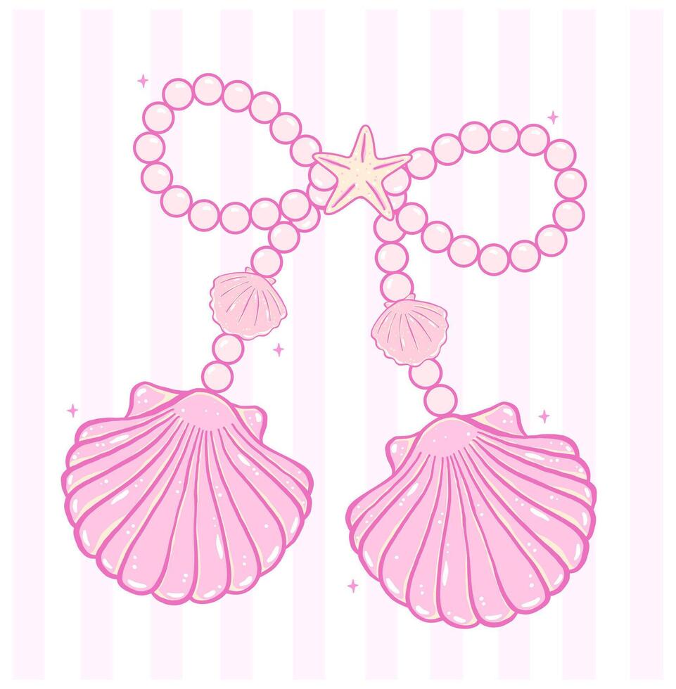 Coquette pink pearl bow seashell pastel hand drawn doodle Summer y2k retro aesthetic vector